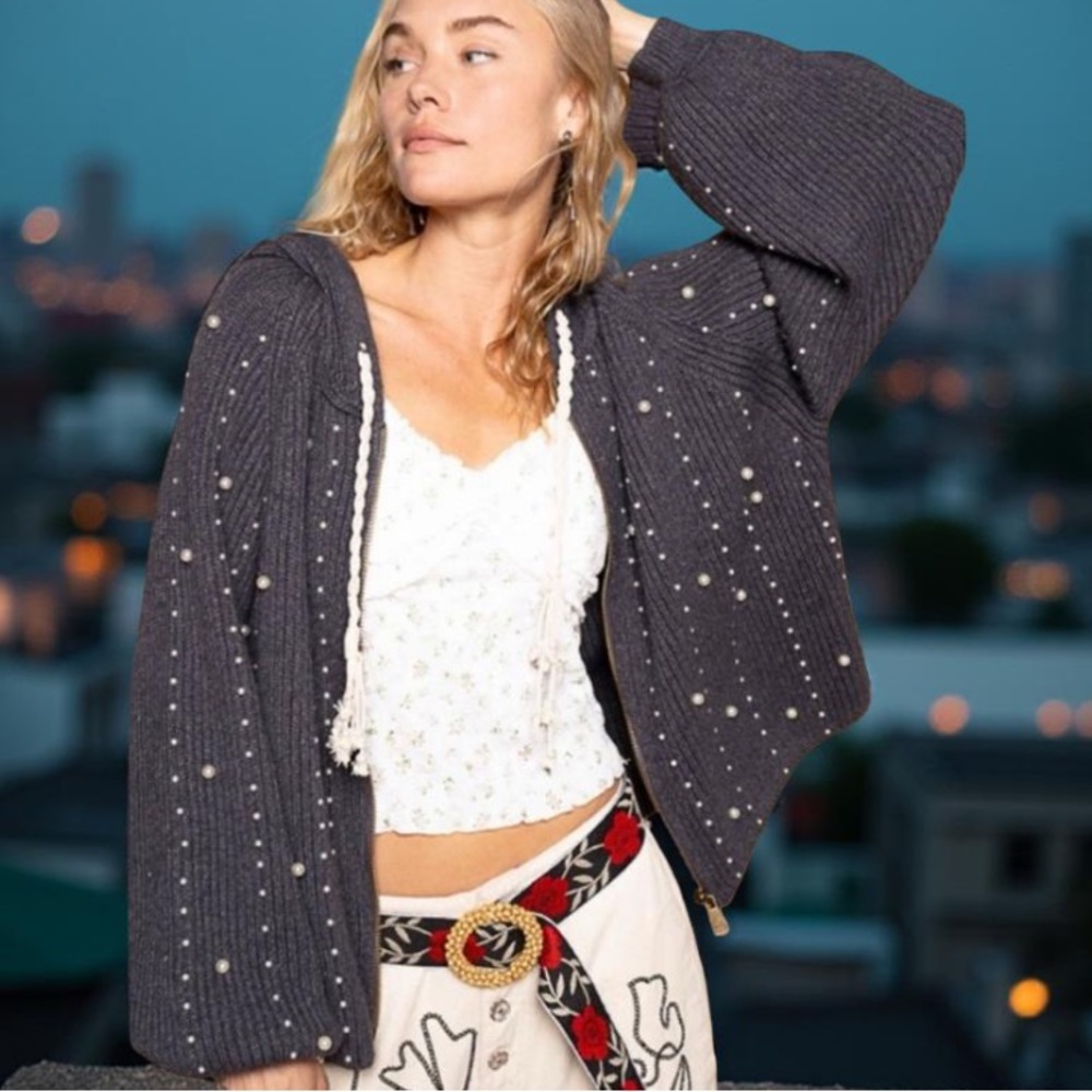 POL Hoodie With Pearls Grey Hooded Sweater with Pearl Accents New Boutique